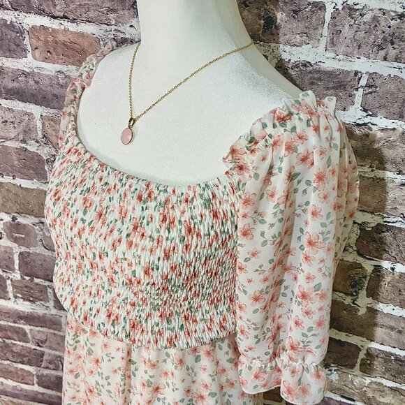 TEMOFON FLORAL SMOCKED SQUARE NECK BUBBLE SLEEVE TIERED MIDI DRESS MEDIUM - Picture 6 of 11